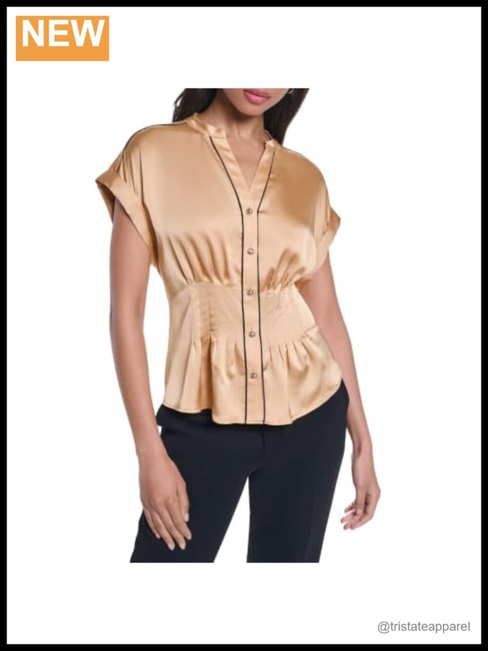 Karl Lagerfeld Women's Pleated V-Neck Button-Down Blouse Short Sleeve Polyester